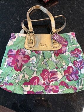 Coach Pink & Green Floral Canvas Tote with Gold Leather Trim